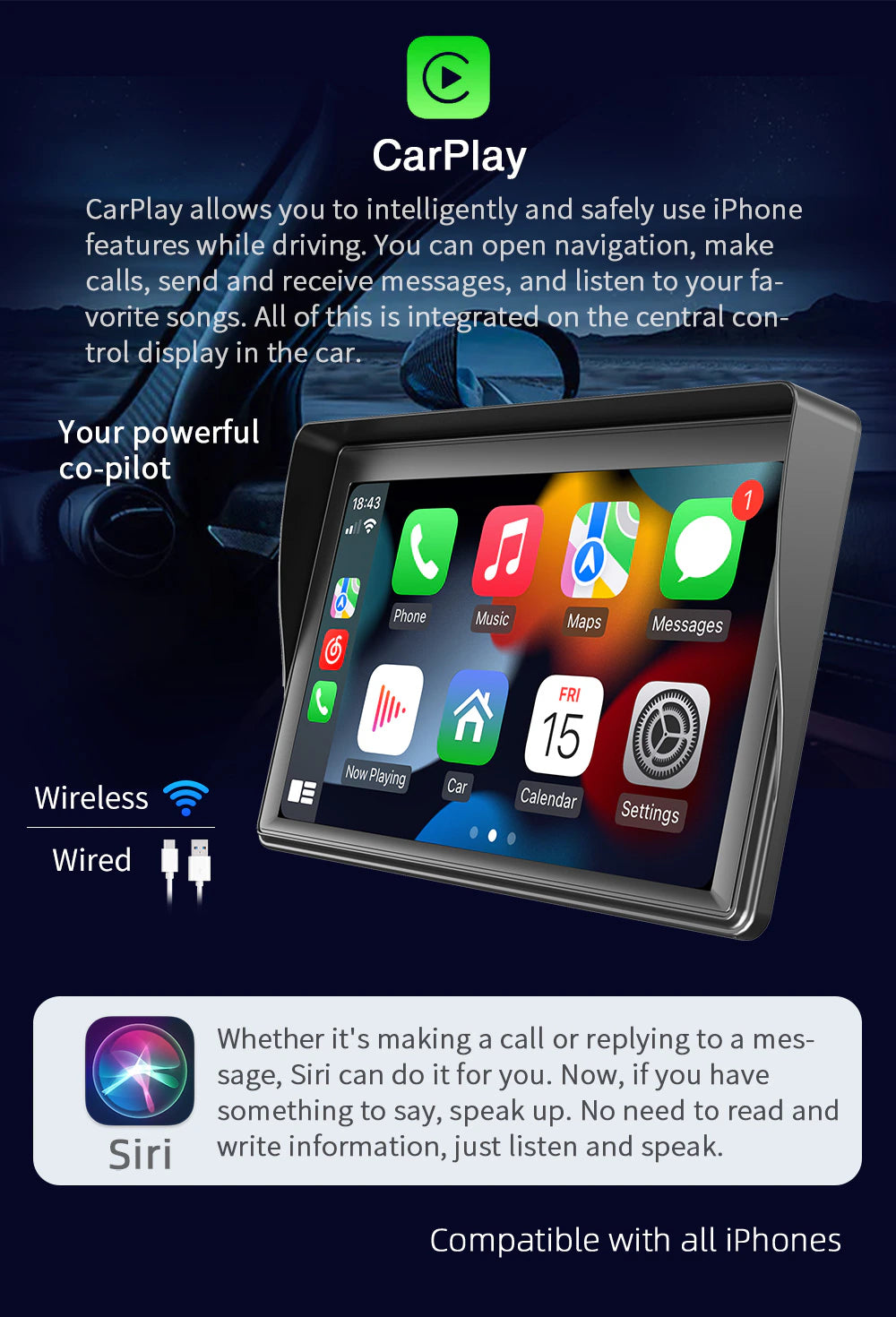 Universal 7-Inch Car Radio Video Player Wireless For Apple CarPlay Android Car Touch Screen